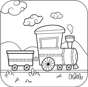 Раскраска игрушечный поезд едет по железной дороге на фоне природы