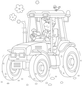 Раскраска тракторист с собачкой за рулем трактора