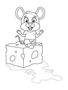Раскраска хитрая мышка сидит на ломтике сыра