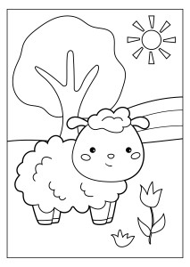 Раскраска овечка с цветочком на лугу