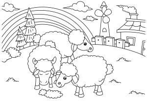 Раскраска овцы пасутся на поле на фоне фермы