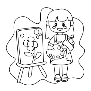 Раскраска девочка рисует на игрушечном мольберте