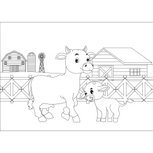 Раскраска мама корова и теленок играют на ферме