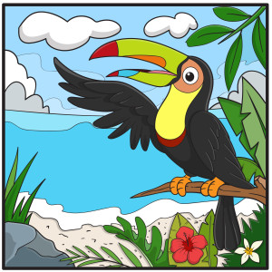 Раскрашенная картинка: тукана с поднятым крылом сидит на ветке на фоне пляжа