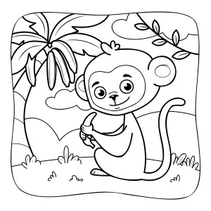 Раскраска обезьяна мартышка сидит с бананом на фоне тропических деревьев