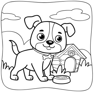 Раскраска щенок у миски с едой стоит рядом с будкой