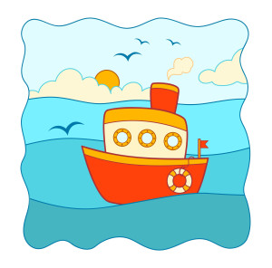 Раскрашенная картинка: игрушечный корабль в море с чайками