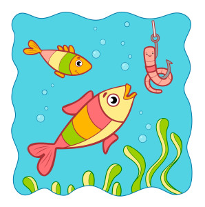 Раскрашенная картинка: рыбки в озере вокруг крючка с червяком