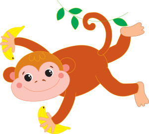 Раскрашенная картинка: обезьяна катается на лиане зацепившись хвостом
