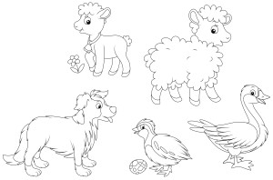 Раскраска фермерские животные овцы, гуси и собака