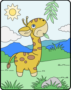 Раскрашенная картинка: маленький жираф кушает листик