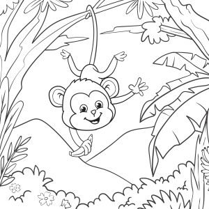 Раскраска задорная обезьянка с бананом вист на хвосте в джунглях