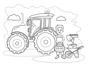 Раскраска фермер с корзиной стоит у трактора