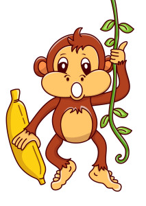 Раскрашенная картинка: малыш обезьяны с бананом висит на лиане