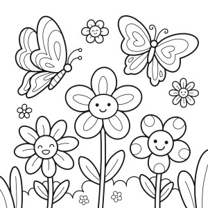 Раскраска мультяшные цветы с лицами и бабочки