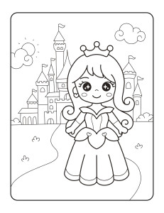 Раскраска красивая принцесса стоит на фоне замка