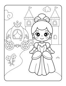 Раскраска принцесса Золушка рядом с каретой на фоне замка