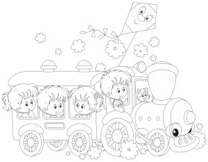 Раскраска счастливые дети путешествуют на поезде