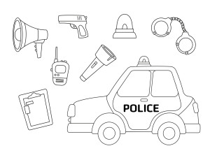 Раскраска полицейский автомобиль и снаряжение