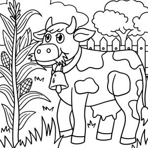 Раскраска корова кушает травку в саду