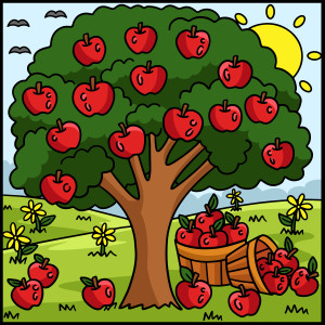 Раскрашенная картинка: яблоня на поляне с корзинками фруктов под деревом