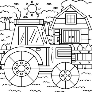 Раскраска трактор на фоне деревни