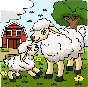 Раскрашенная картинка: овца с ягненком играют на ферме на фоне дома