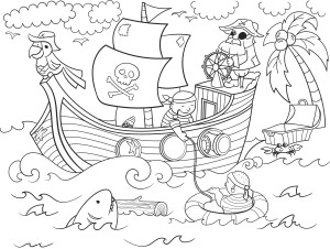 Раскраска пиратский корабль с пиратами на борту и в море