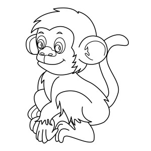 Раскраска обезьянка думает сидя на задних лапках