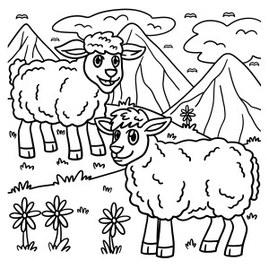 Раскраска две овечки гуляют в поле на фоне гор