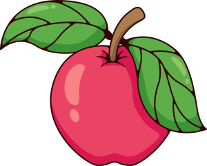 Раскрашенная картинка: красивое яблоко с большими листиками на ветке