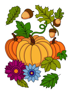 Раскрашенная картинка: три тыквы на фоне листьев и желудей
