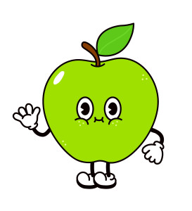 Раскрашенная картинка: милое яблоко с лицом машет рукой