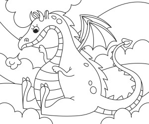 Раскраска сидящий огнедышащий дракон с маленькими крыльями