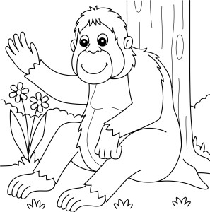 Раскраска старая обезьяна орангутанг сидит у дерева в лесу