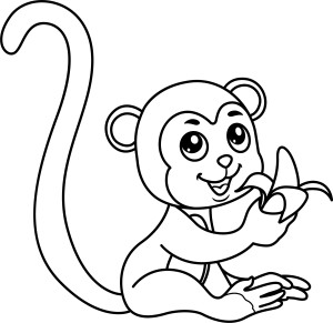 Раскраска обезьяна с длинным хвостом и бананом в лапе