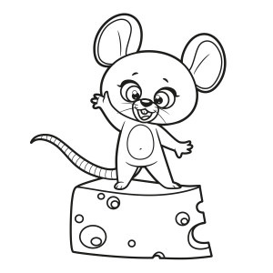 Раскраска мышь машет лапкой стоя на куске сыра