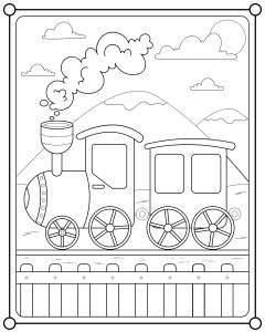Раскраска детский поезд на фоне гор