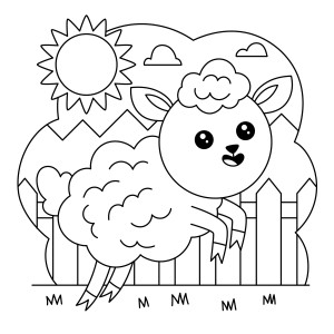 Раскраска овечка прыгает у забора в саду