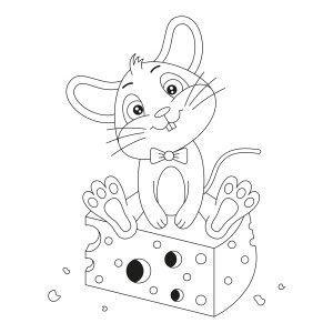 Раскраска мультяшный мышонок сидит на сыре с бабочкой на шее