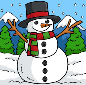 Раскрашенная картинка: снеговик в шляпе и шарфе на фоне снежного леса