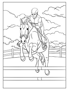 Раскраска лошадь с наездником совершает прыжок через трамплин