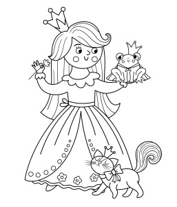 Раскраска принцесса с лягушкой-принцем и кошкой