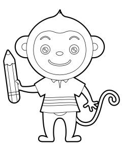 Раскраска мультяшная обезьяна стоит в рубашке и карандашом в руке