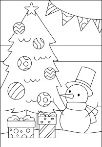 Раскраска новогодняя елка с большими новогодними шарами радом со снеговиком и подарками