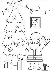 Раскраска волшебный дед мороз рядом с ёлкой и подарками