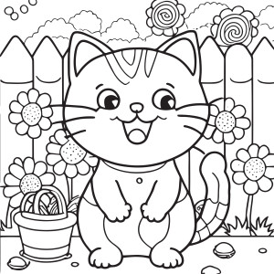 Раскраска cчастливый кот на фоне садового забора с цветами