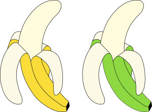 Раскрашенная картинка: вкусный банан с кожурой