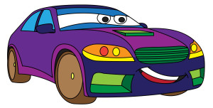 Раскрашенная картинка: улыбающаяся гоночная машинка с глазами