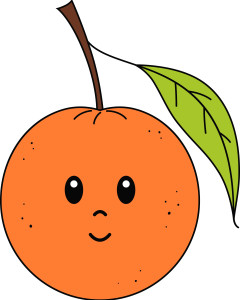 Раскрашенная картинка: мультяшный апельсин с глазами и листиком